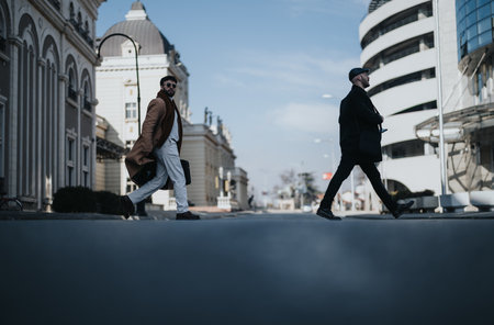 A stylish man in business attire briskly walks across a city street with classic and modern architecture surrounding him.の写真素材
