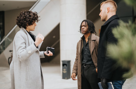 Business professionals engaged in outdoor discussion near modern office building.の写真素材