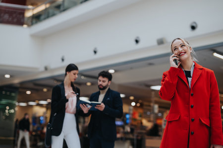 Elegant businesswoman in red coat talking on phone at the mallの写真素材