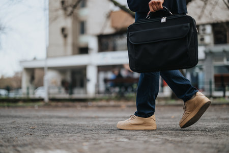 Professional on the move with a briefcase walking down the streetの写真素材