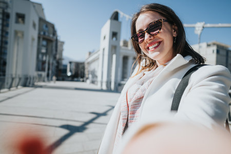 Young businesswoman enjoying a sunny day in an urban city setting, taking a selfie.の写真素材