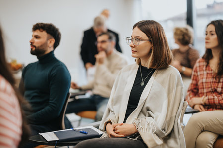 Focused audience listening in conference room during professional workshop.の写真素材