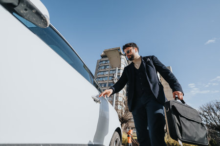 Professional businessman in suit opening car door on urban streetの写真素材