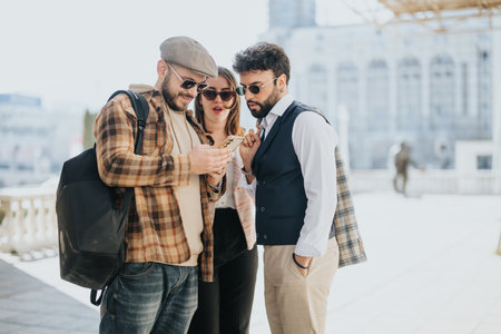 Young business associates collaborating on strategies in an urban environmentの写真素材