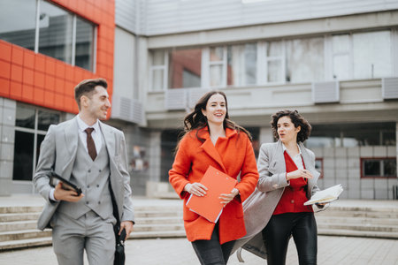 Confident business associates walking outside modern officeの写真素材