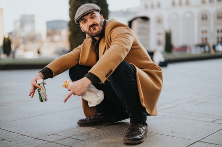 Stylish man in classic outfit taking a break with a juice and snack in an urban setting.