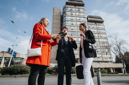 Business colleagues discussing work outdoors with coffee