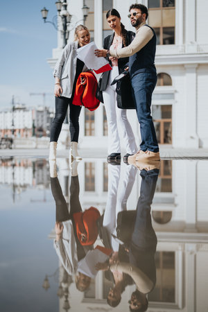 Young business professionals engaged in a lively outdoor meeting, discussing market trends and strategies for profit growthの写真素材