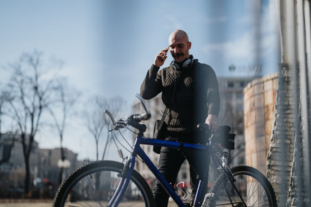 Bald man with headphones using smart phone next to bicycle in urban setting.の写真素材