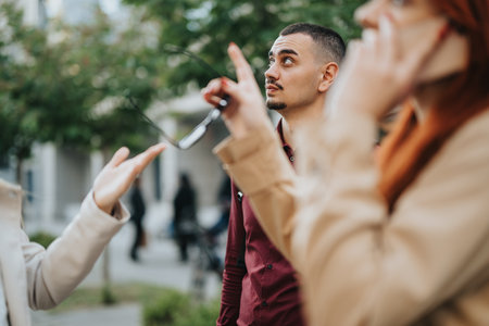 Young Business People Collaborating Outdoors in a City, Discussing Statistics and Brainstorming Business Expansionの写真素材