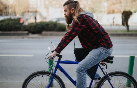 Urban businessman with beard biking and using laptop in cityの写真素材