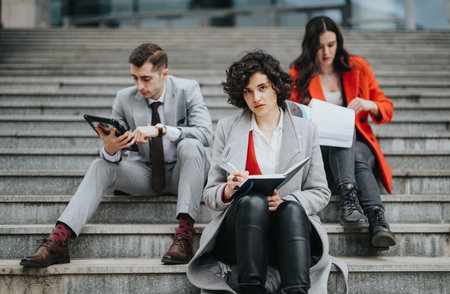 Business people on break outside the office, using tablets and notebooks