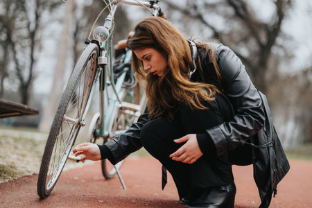 Elegant young businesswoman checking her bicycle outdoorsの写真素材