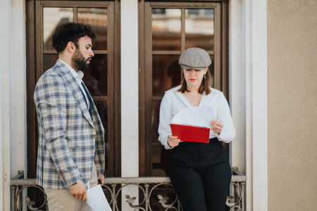 Young business professionals discuss strategy in urban settingの写真素材