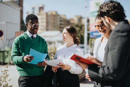 Diverse business professionals discussing work outdoors in a city on a sunny day