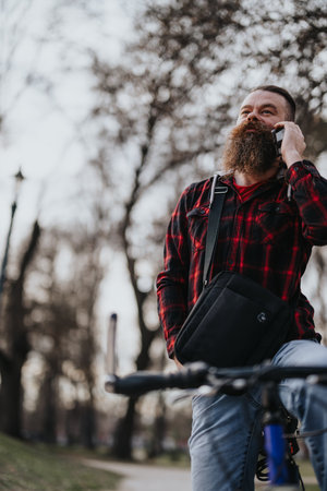 Hipster man with beard on a phone call while leaning on a bicycle in the parkの写真素材