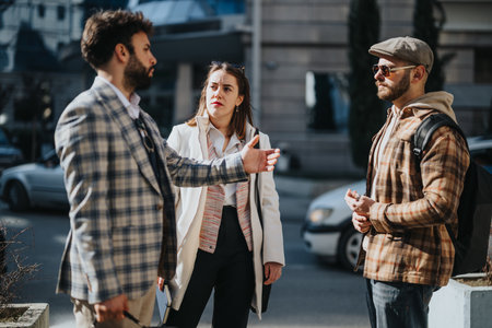 Young business professionals have an outdoor meeting to discuss strategyの写真素材