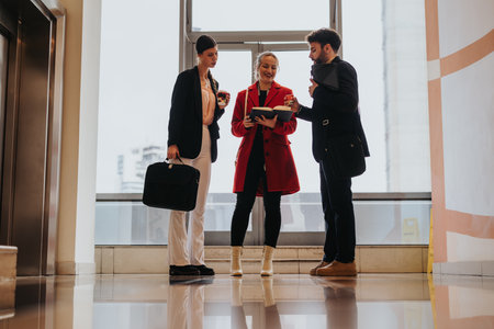 Business professionals in a casual meeting in a corporate hallwayの写真素材