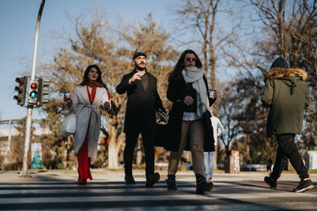 Corporate team walking together for an outdoor winter meeting under sunlightの写真素材