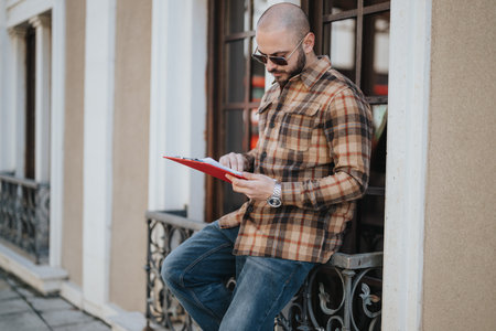 Young businessman reviewing documents on clipboard in city downtown area