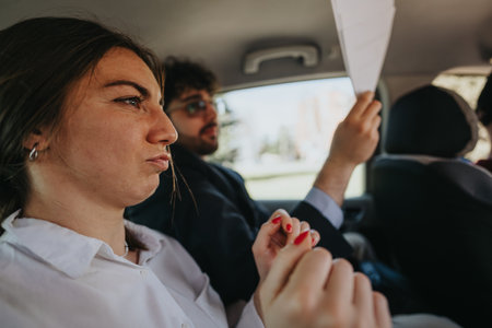 Business colleagues in a car going over documents togetherの写真素材