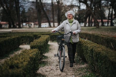 Active senior woman enjoying a bike ride in a park, promoting healthy lifestyle and retirement activityの写真素材