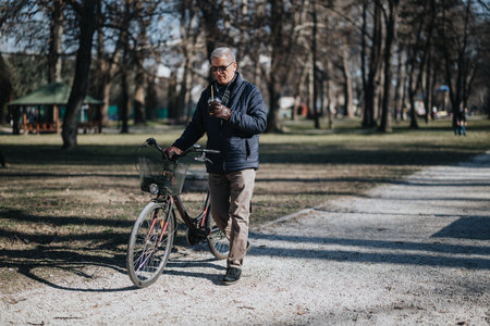 Elderly gentleman enjoying a coffee break during a leisurely bike ride in the serene ambiance of a...