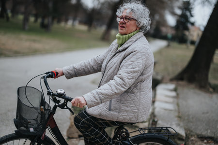 Active senior woman enjoying a bike ride in the parkの写真素材