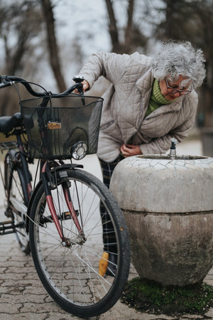 Active senior woman with bicycle enjoying a break in the parkの写真素材