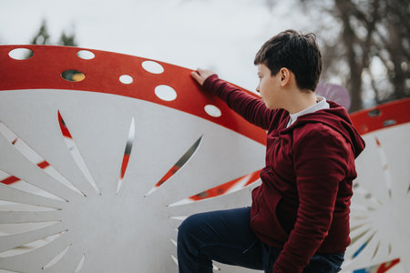 Young boy enjoying a fun bicycle ride in a sunny park outdoorsの写真素材