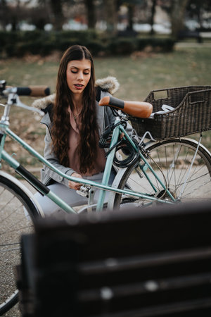 Eco-friendly businesswoman with bicycle in an urban park settingの写真素材