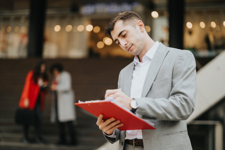 Business professionals engaged in strategic planning outdoorsの写真素材