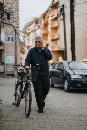 Senior man with glasses making a phone call while walking with his bicycle in the city.の写真素材