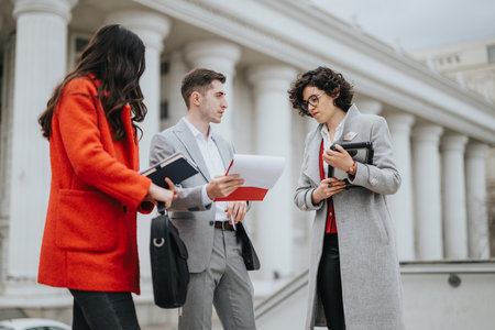 Business partners discussing plans outside an office buildingの写真素材