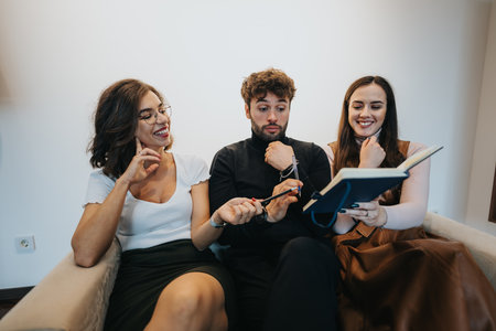 Three friends sharing a laugh while looking at a tablet, casual meeting, indoor socializing.の写真素材