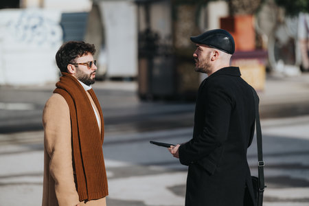 Two stylish men engaging in conversation on a sunny urban street.