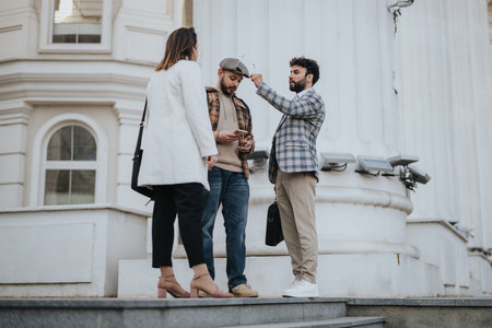 Young business entrepreneurs in outdoor meeting discussing strategy and market trendsの写真素材