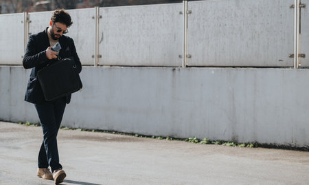 Professional man checking smart phone while walking with briefcaseの写真素材