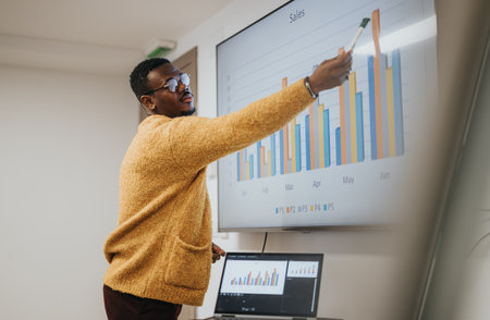 Businessman pointing at bar graph on whiteboard presenting sales data.