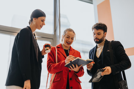 Three professionals in a meeting holding coffee and gadgetsの写真素材