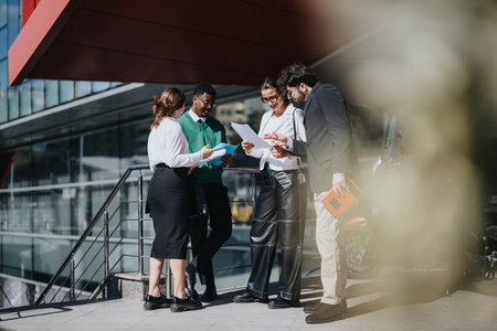 Diverse group of businesspeople discussing work outdoors in an urban setting on a sunny dayの写真素材