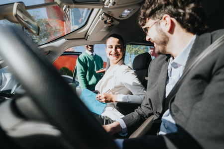 Smiling business professionals in car on a sunny day