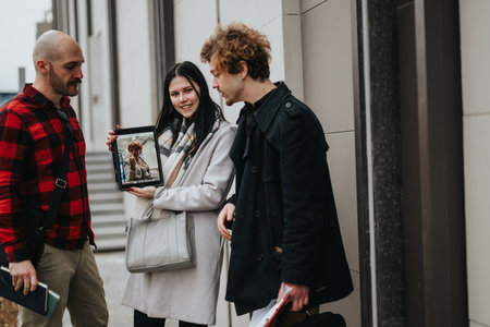 Entrepreneurs discussing strategy at outdoor meeting with tablet