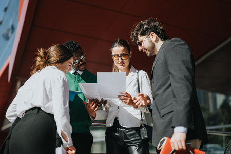 Diverse business team discussing project in urban setting on sunny dayの写真素材