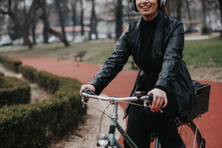 Stylish young businesswoman enjoys bike ride in the park