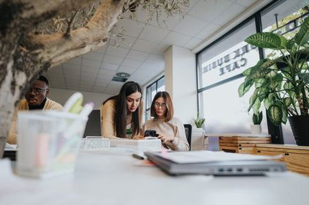 A diverse team working together on business growth, analyzing statistics and brainstorming creative...