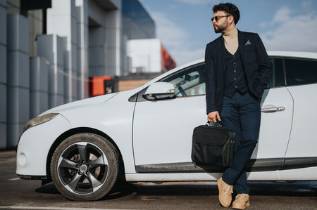 Confident businessman with briefcase standing by a white carの写真素材