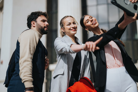 Young business associates taking a selfie during an outdoor meeting on market trendsの写真素材