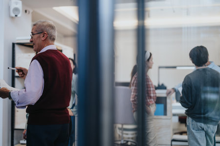 Senior businessman discussing strategy with team in modern office