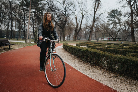 Elegant young businesswoman riding a bicycle in a park setting